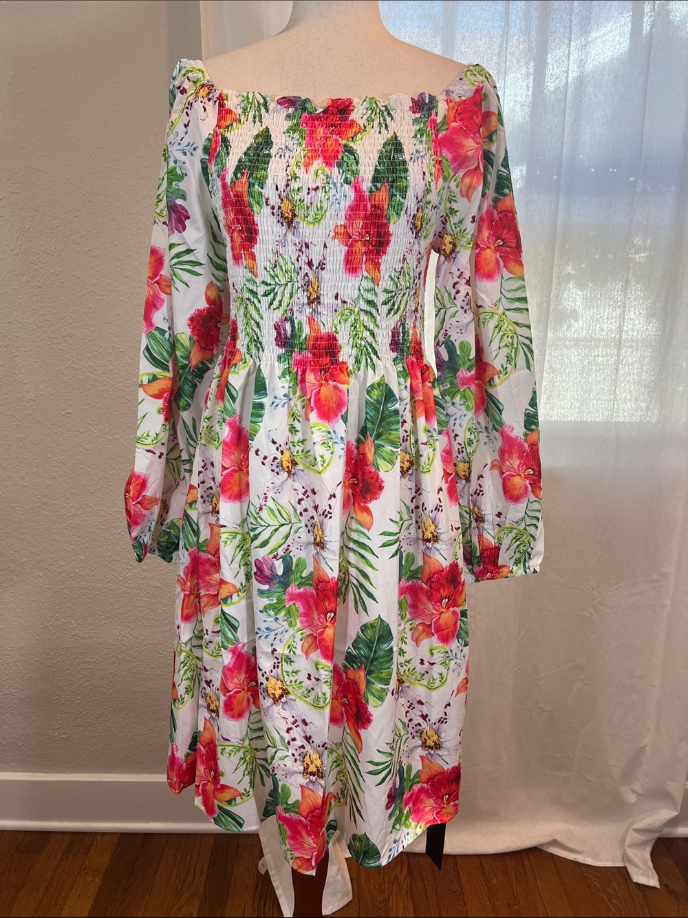 S-Deer Floral Off-Shoulder Smocked Midi Dress in White and Pink. Size XL. NWT